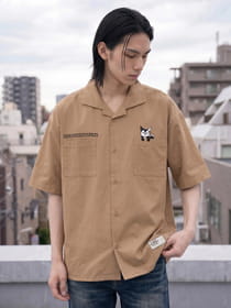 のぞきキツネ刺繍  綿ツイル 半袖開襟シャツ