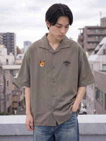 FOX＆フロリダ刺繍  綿ツイル 半袖開襟シャツ