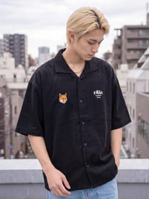 FOX＆フロリダ刺繍  綿ツイル 半袖開襟シャツ