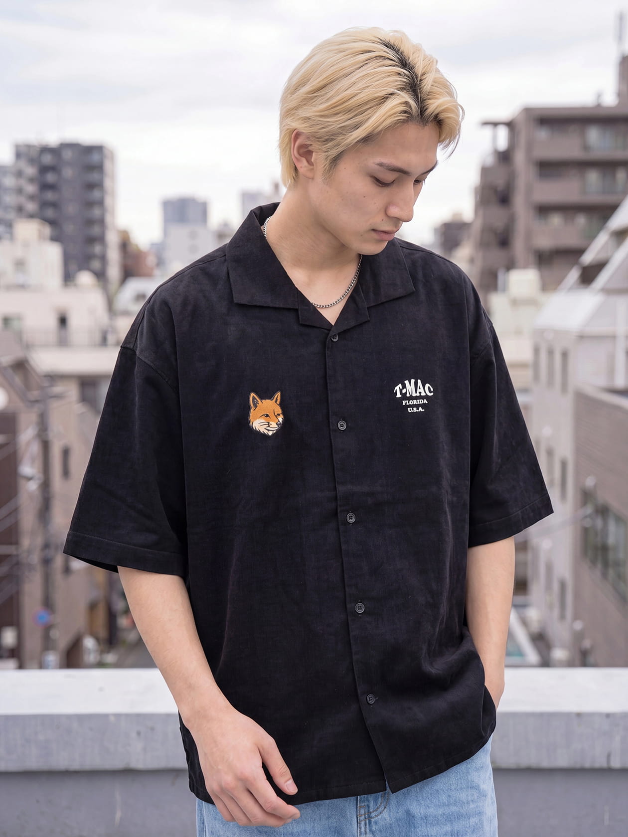 FOX＆フロリダ刺繍  綿ツイル 半袖開襟シャツ