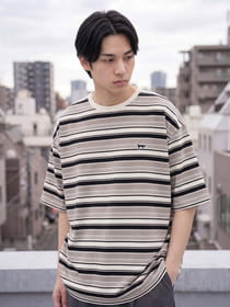 マルチボーダー ワンポイントFOX刺繍ワッペン 半袖Tシャツ
