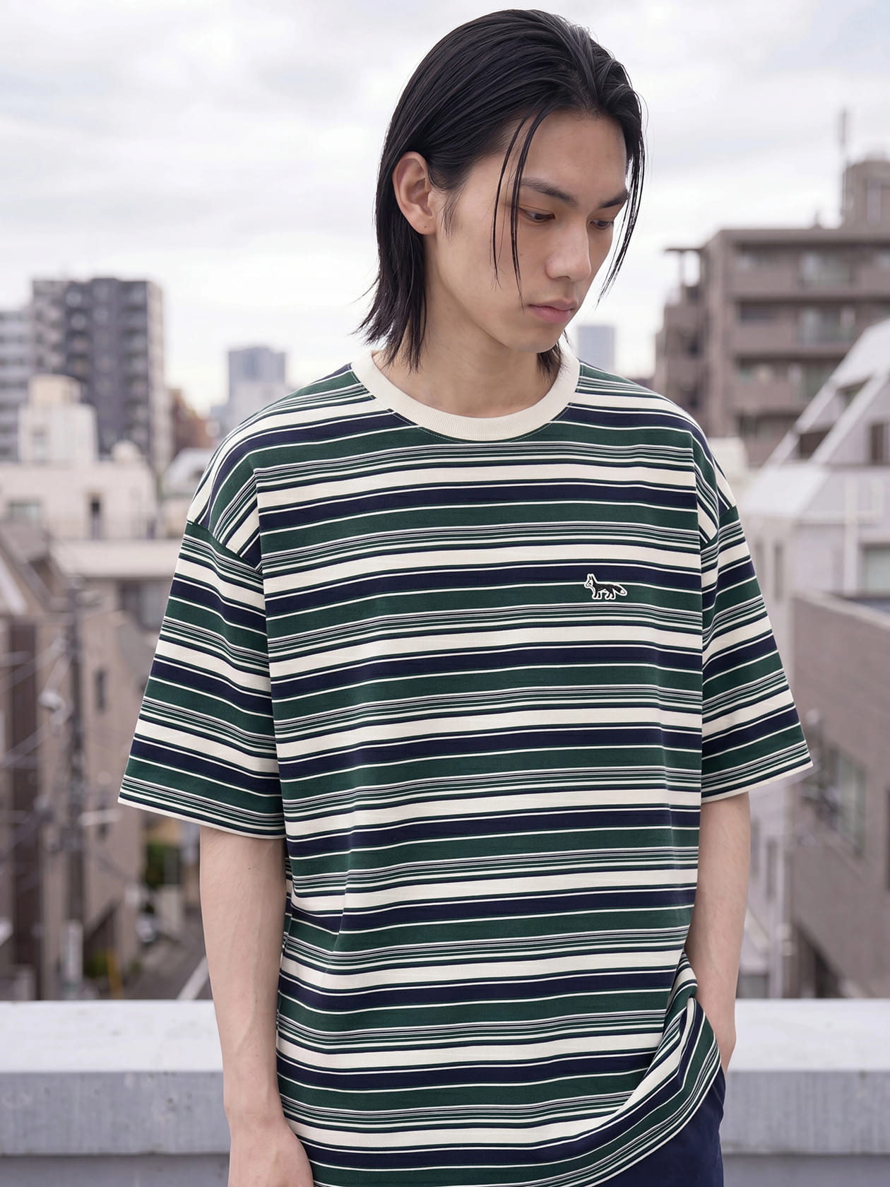 マルチボーダー ワンポイントFOX刺繍ワッペン 半袖Tシャツ