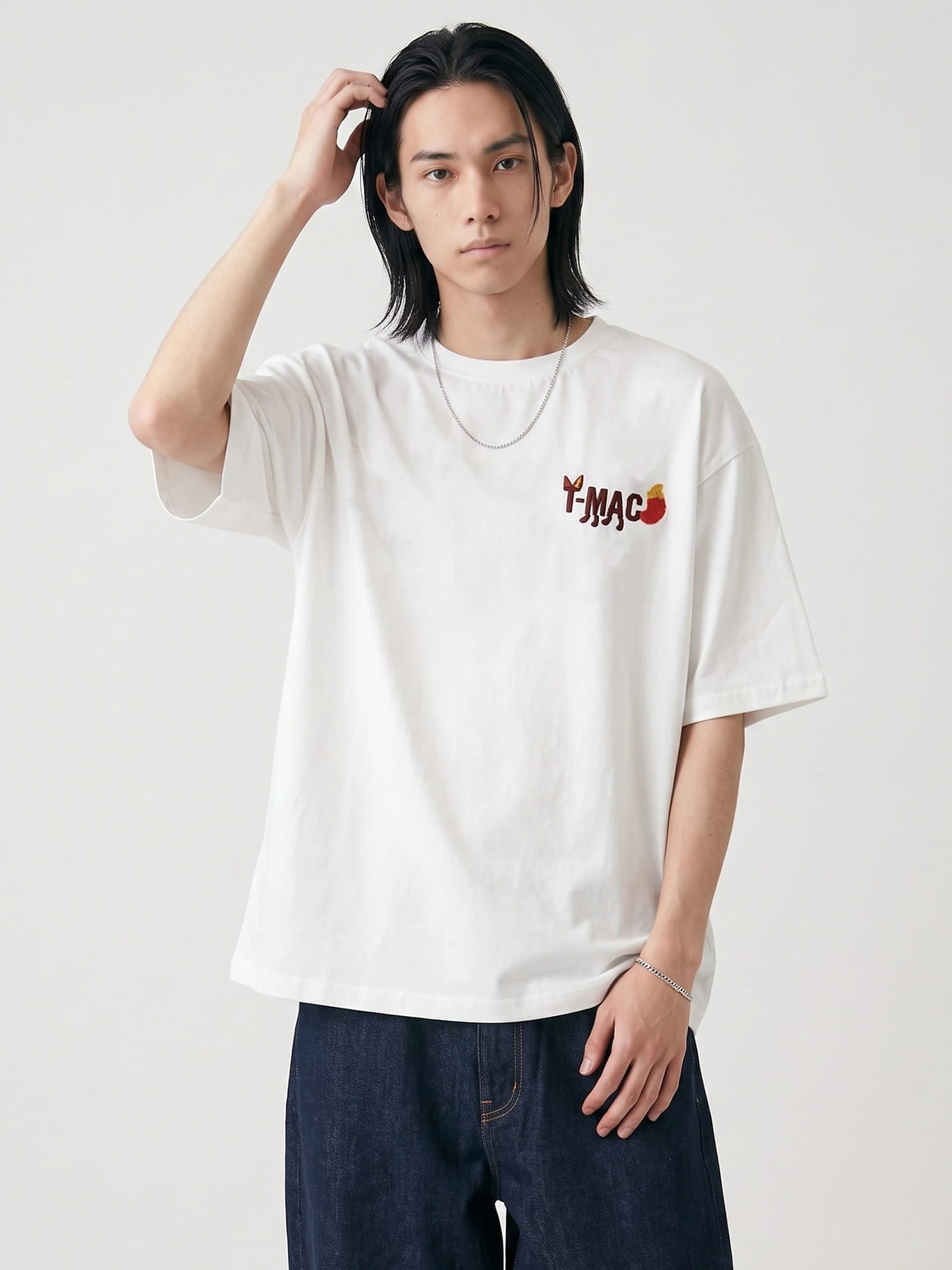 コットン天竺 キツネ＆アルファベットサガラ刺繍 半袖Tシャツ