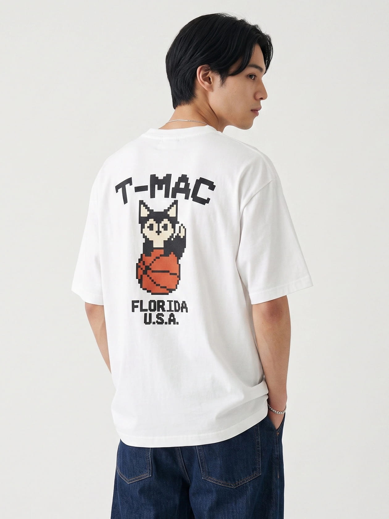 コットン天竺 バスケキツネピクセル発泡プリント 半袖Tシャツ