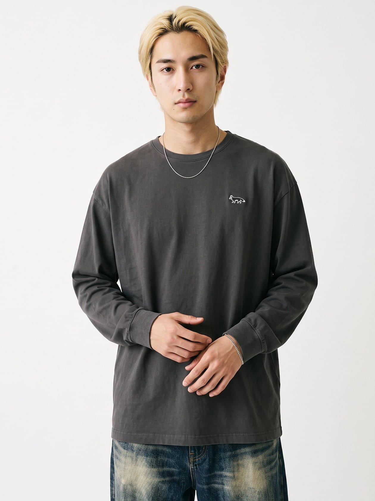 ワンポイントFOX刺繍 オーバーサイズ ウォッシュ長袖Tシャツ