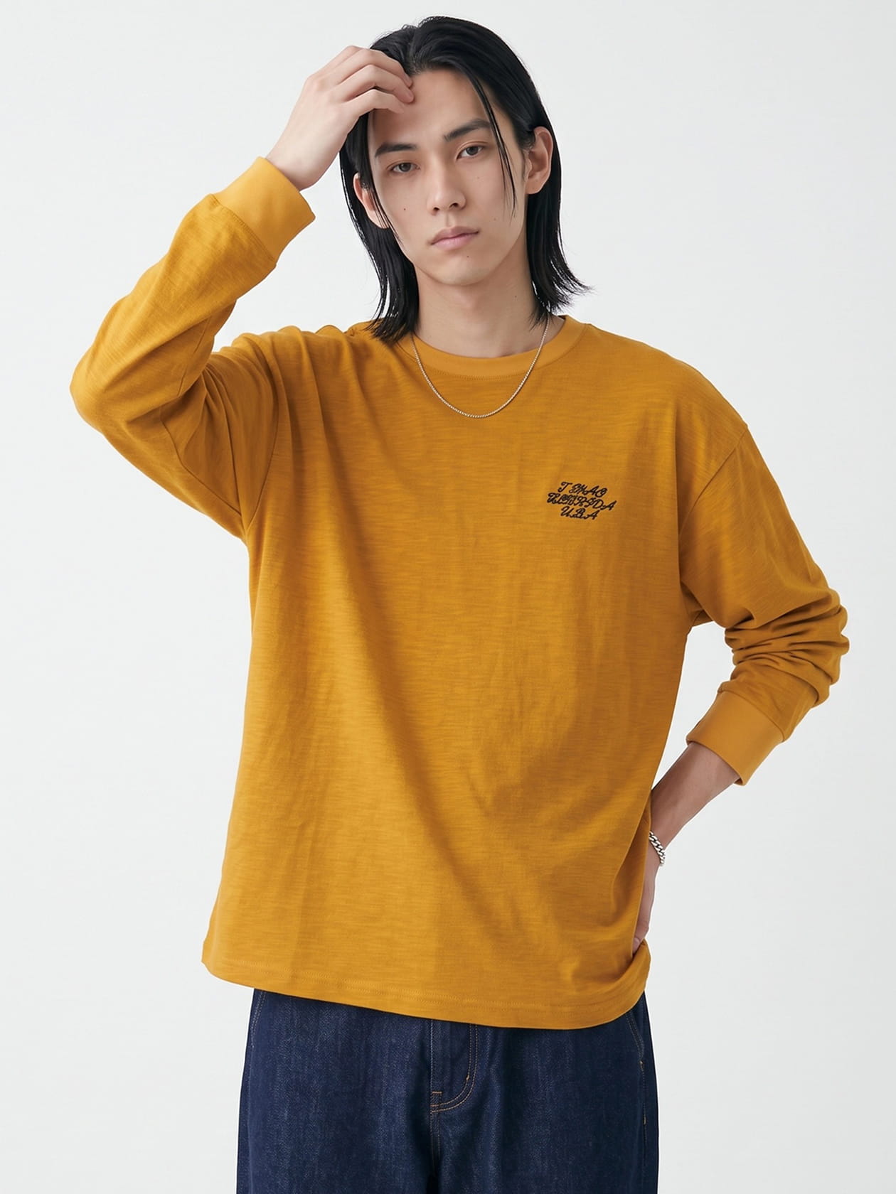 スラブ天竺 CAUTIONロゴ刺繍 オーバーサイズ 長袖Tシャツ