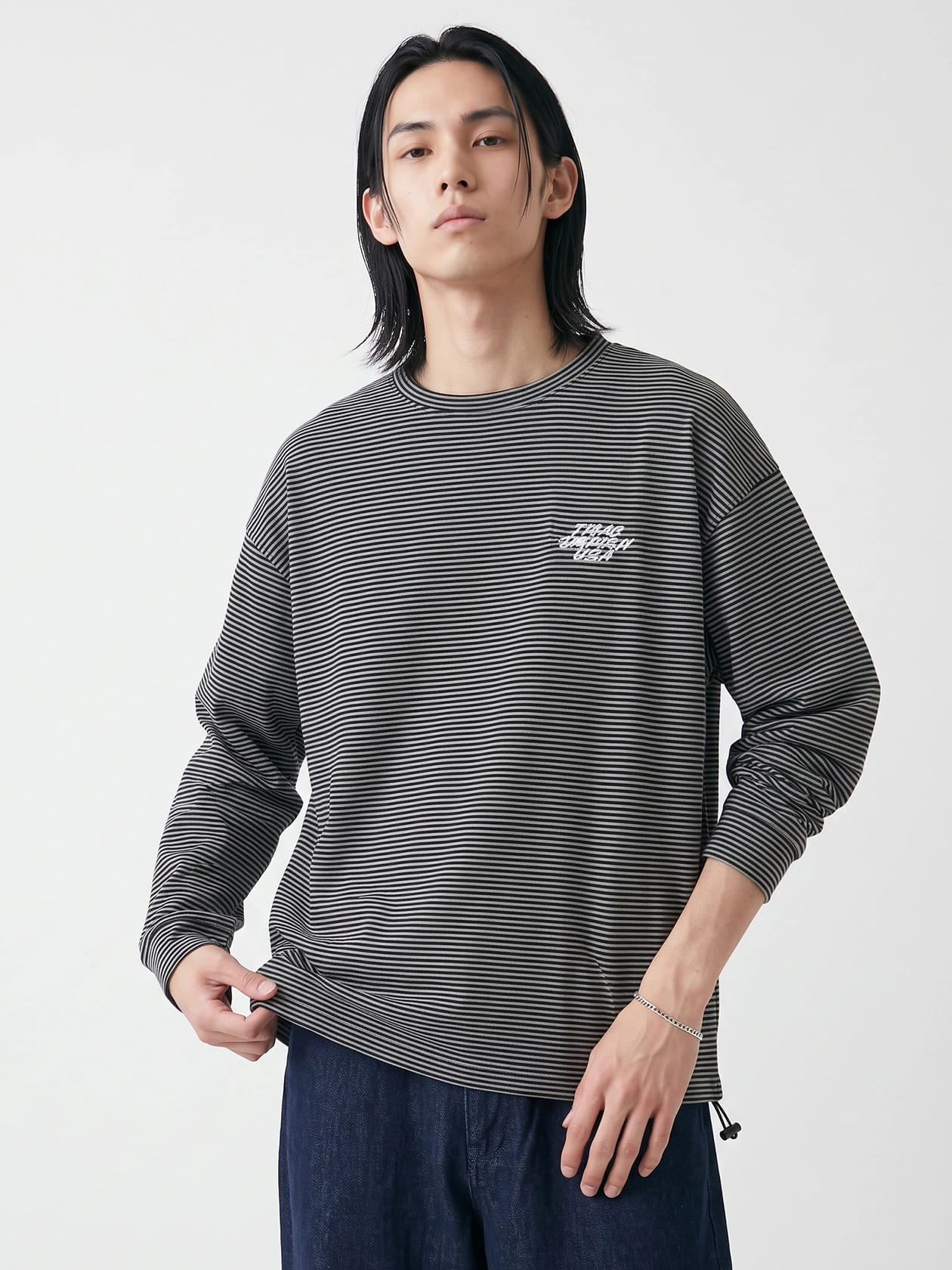 ドローコード ロゴ刺繍 オーバーサイズ ボーダー長袖Tシャツ