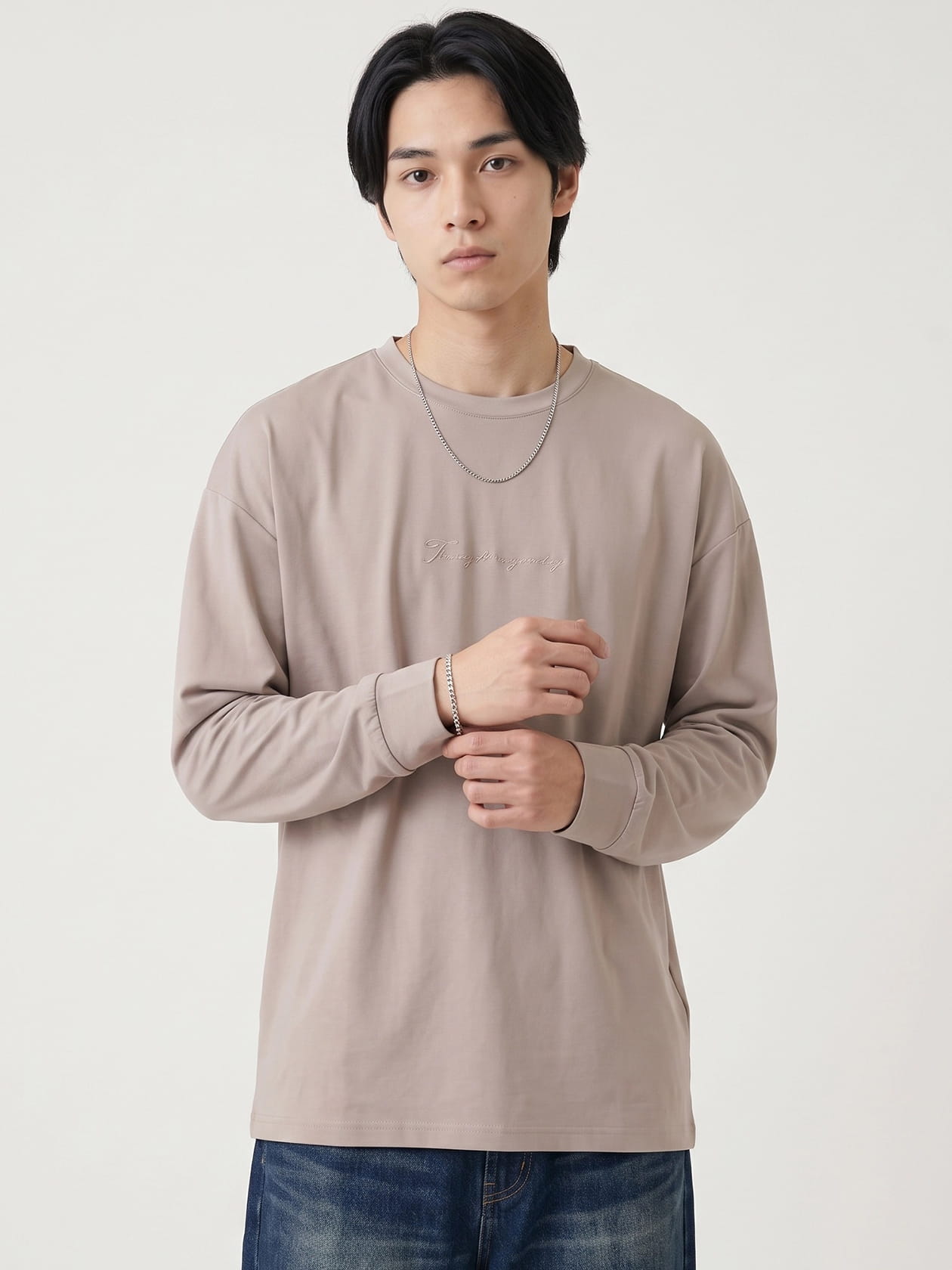 接触冷感 冷感ポンチ 筆記体刺繍 オーバーサイズ 長袖Tシャツ
