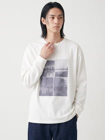 接触冷感 冷感ポンチ モノクロフォトプリント オーバーサイズ 長袖Tシャツ