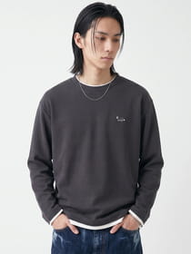 ワンポイント刺繍 オーバーサイズ フェイクレイヤード ハーフミラノ天竺 長袖Tシャツ