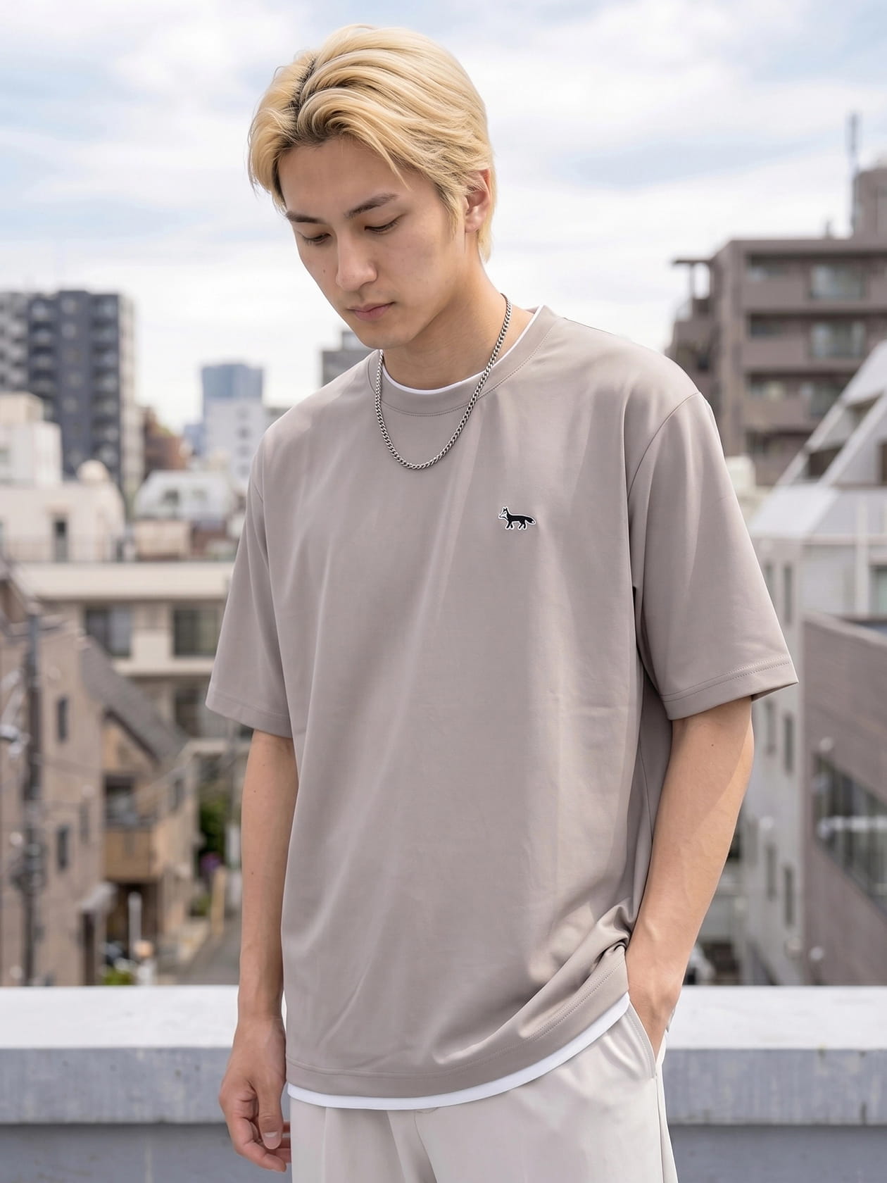 接触冷感 冷感ポンチ フェイクレイヤード クルーネック 半袖Tシャツ
