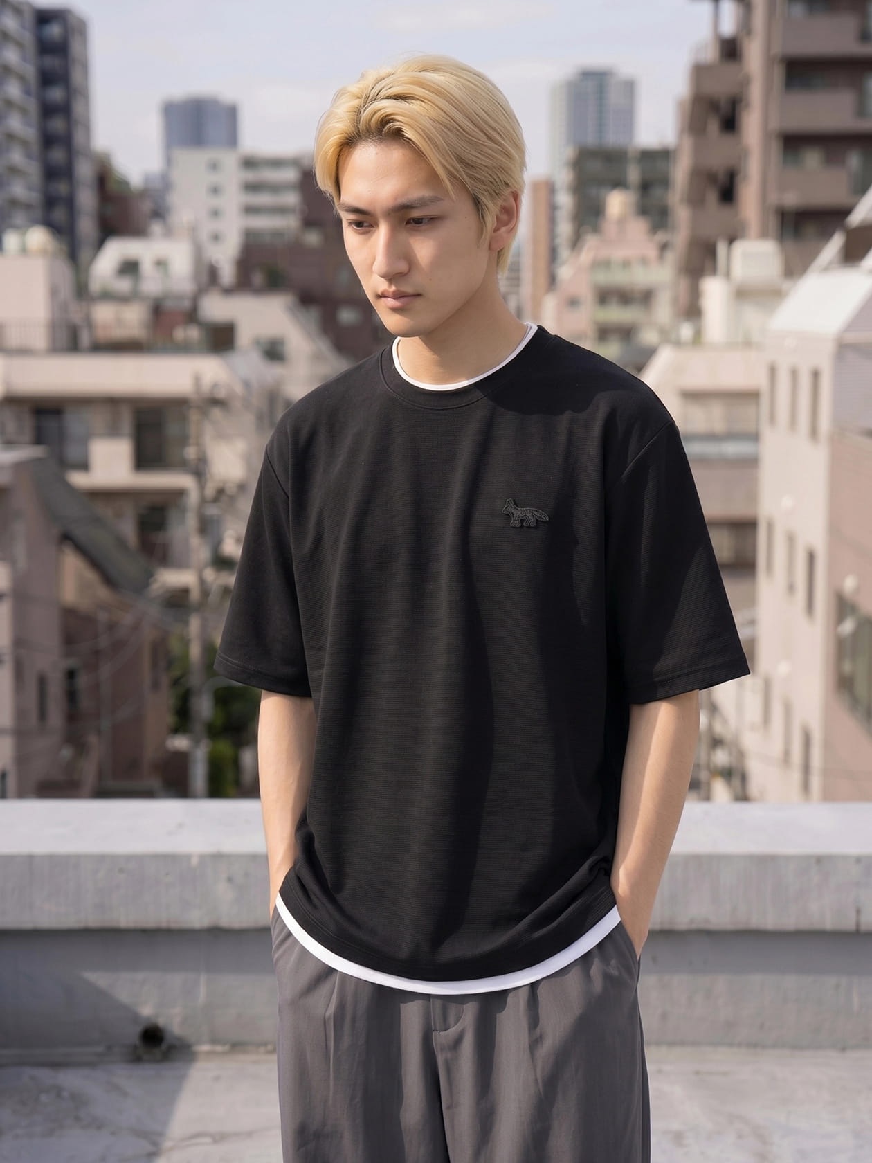 ハーフミラノ フェイクレイヤードクルーネック半袖Tシャツ