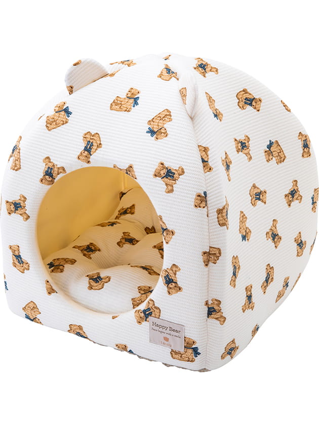 くまプリントワッフル 耳付きドーム型ペットベッド