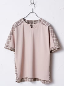 チェック生地使いキーネックカットソー