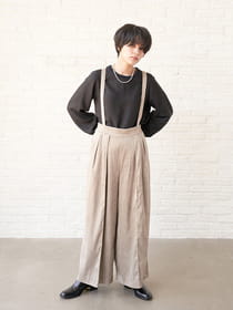 サスペンダー付きスエードワイドパンツ