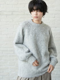 ［ニット］リバーシブルクルーネック/フリンジ風シャギー