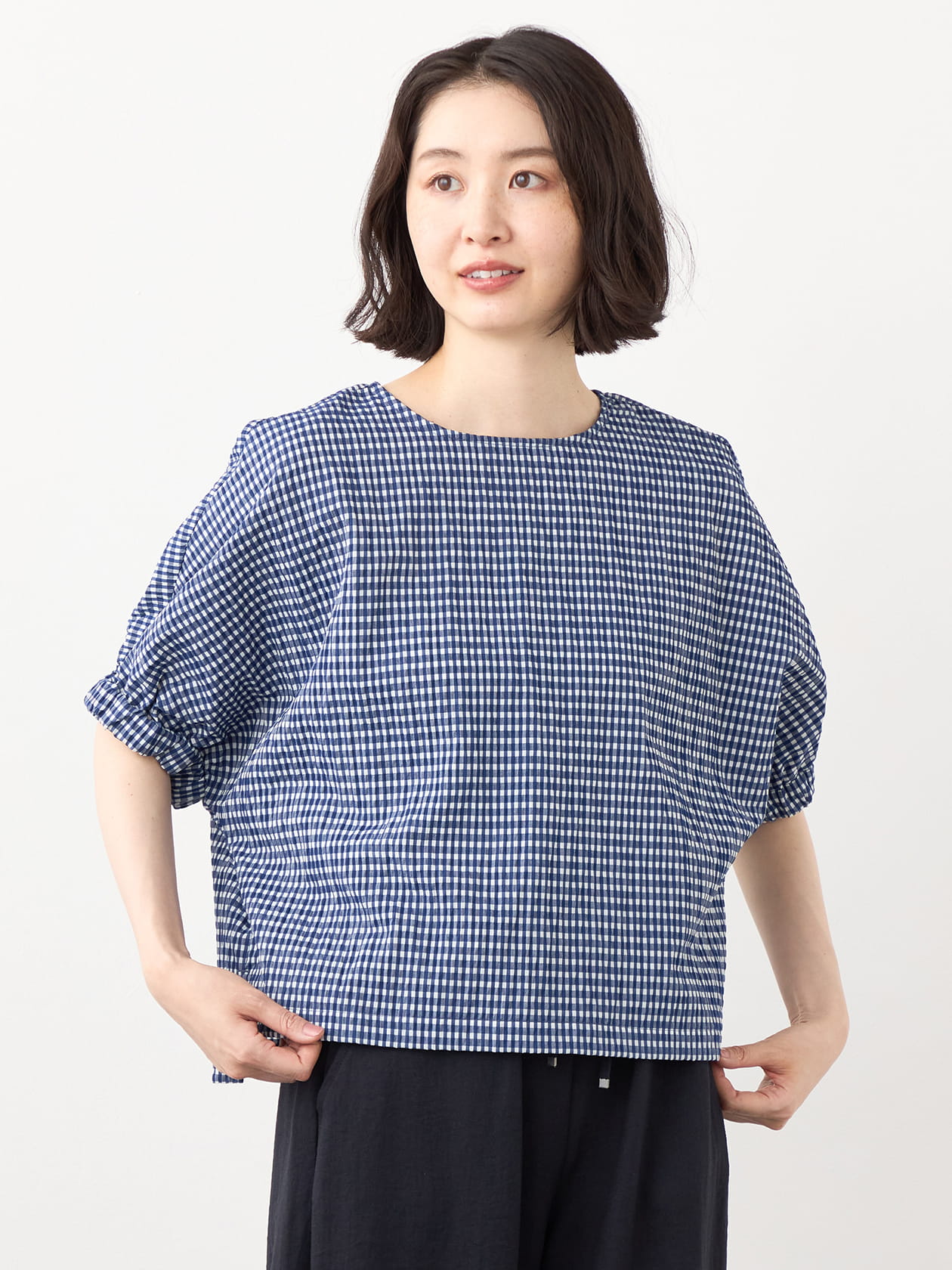 【早割30%OFF対象】サマーギンガムギャザーブラウス