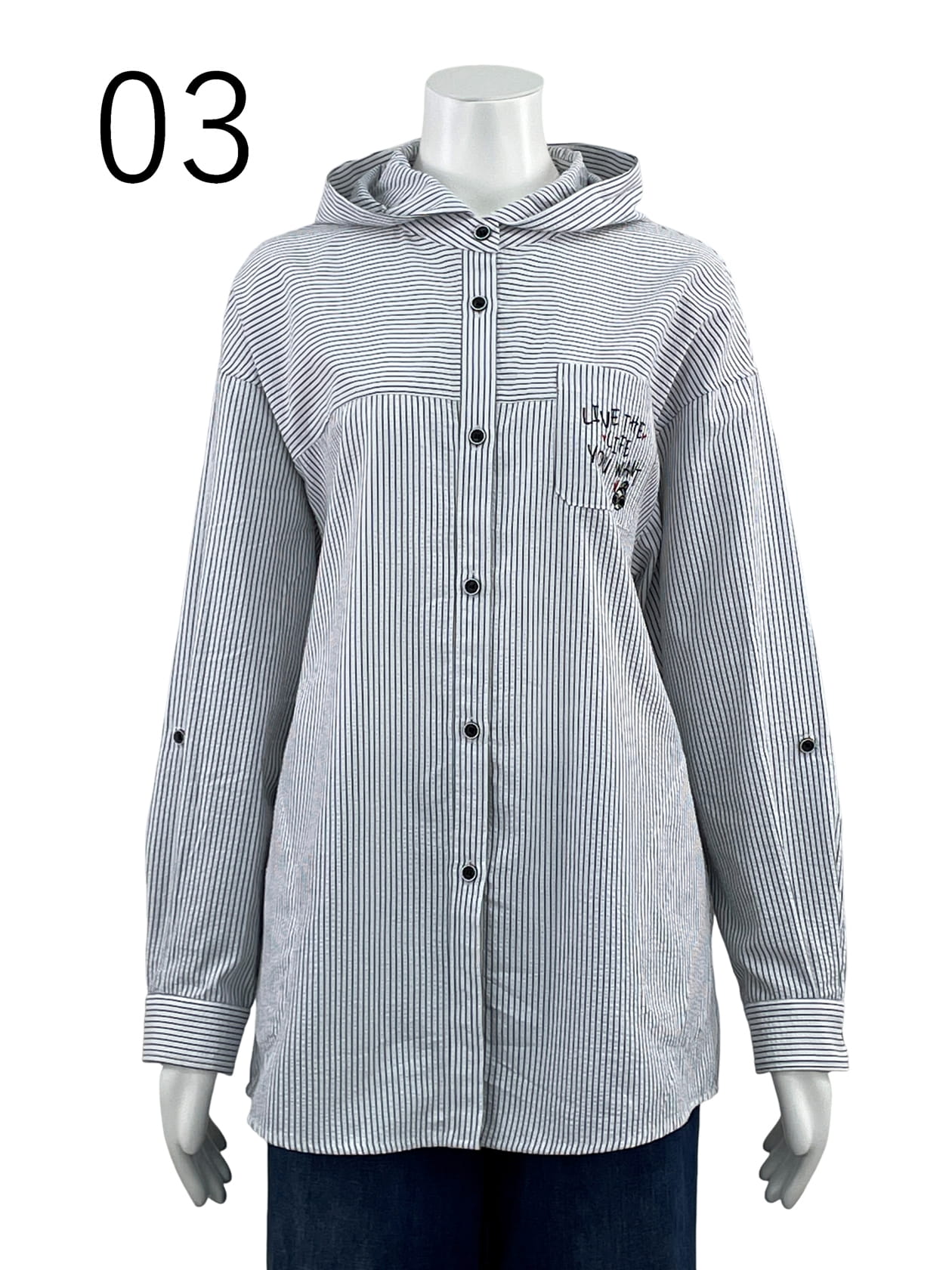 フード付き ストライプシャツ