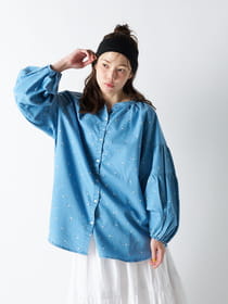 【PRIME denim】キーネック袖切り替えギャザーブラウス