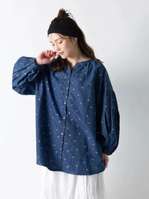 【PRIME denim】キーネック袖切り替えギャザーブラウス