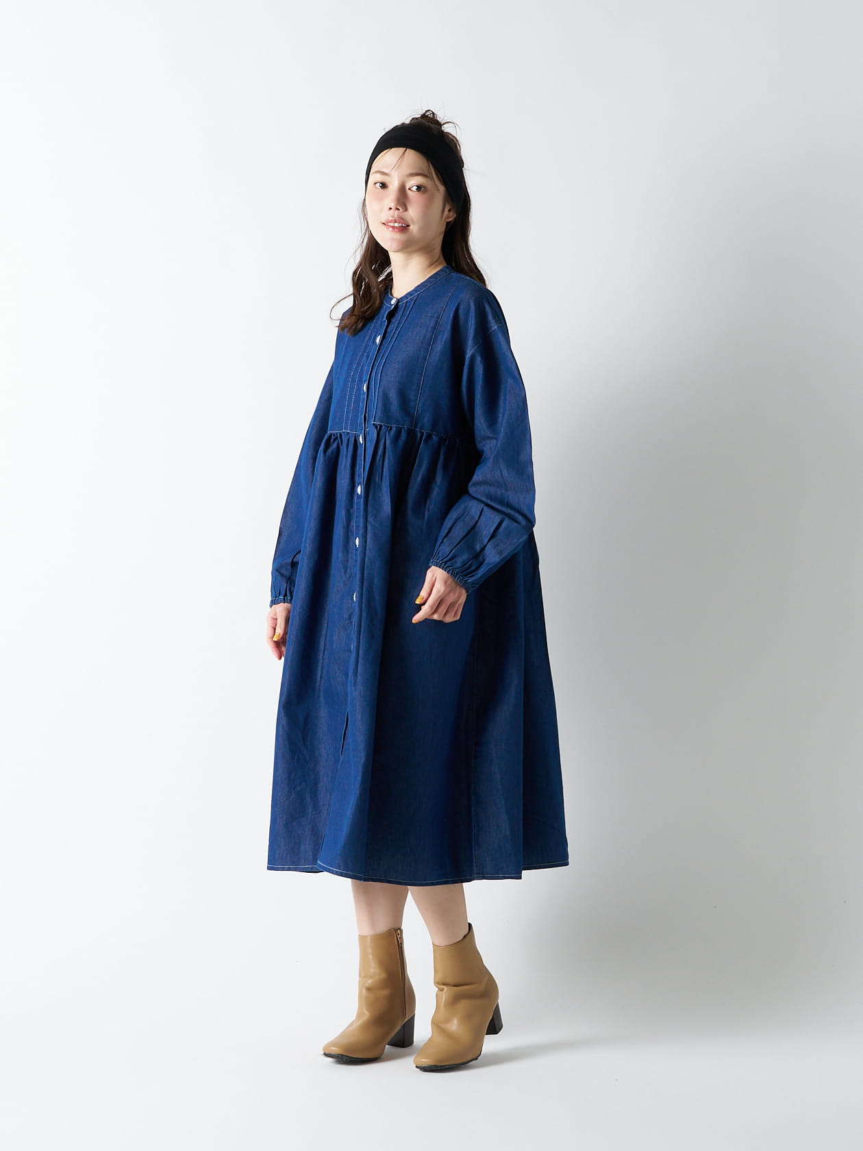 【PRIME denim】バンドカラーピンタックフレアワンピ