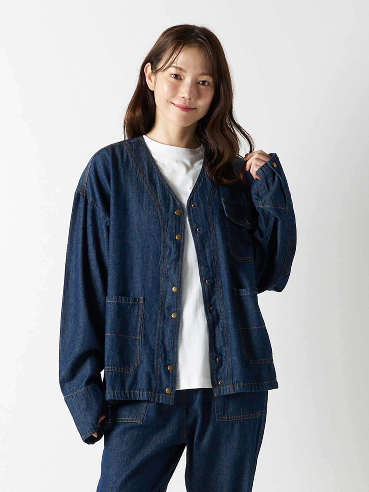 ノーカラーデニムカバーオール