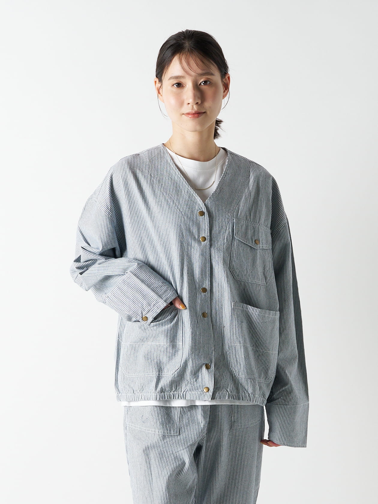 ノーカラーストライプカバーオール