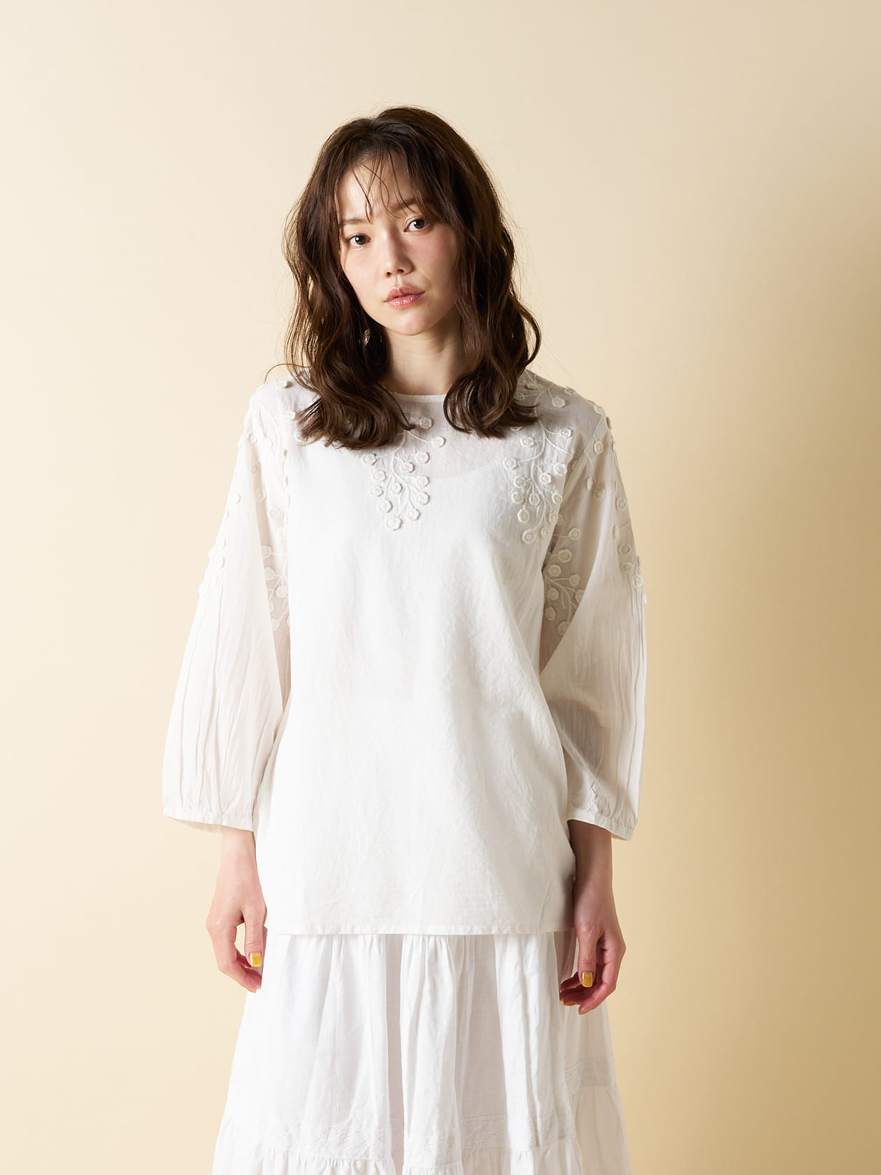 【Flower Garden】ボートネック七分丈3D刺繡ブラウス