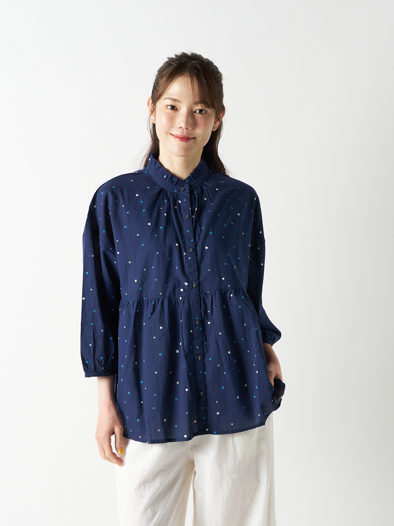 ドットフリルカラーペプラムブラウス