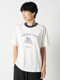英字プリントリブネックTシャツ