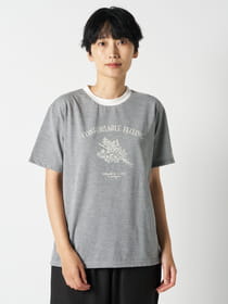 英字プリントリブネックTシャツ