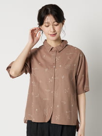 【Linelino】綿麻英字刺繍レギュラーカラーシャツ