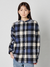 起毛バンドカラーブロックチェックブラウス