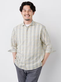 リネンブレンドチェック七分袖シャツ