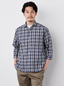 リネンブレンドチェック七分袖シャツ