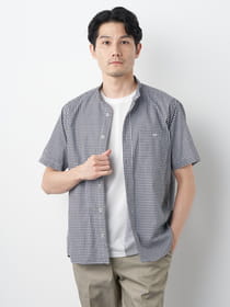 ドビーギンガム半袖バンドカラーシャツ