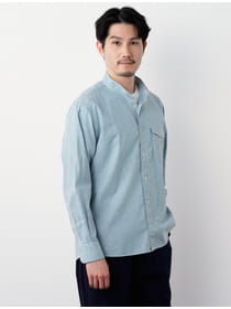 綿麻サマーストライプ夏長バンドカラーシャツ