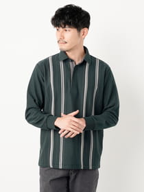 2色 メンズ ストライプ Vネック ポロシャツ 長袖 Tシャツ ルーズ 俺のタイムセール】ランダムタックストライプ長袖ポロシャツ