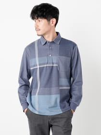 パッチワークチェック長袖ポロシャツ