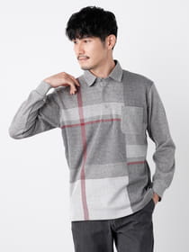 パッチワークチェック長袖ポロシャツ