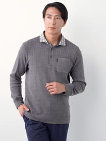 【3buy40%OFF！対象商品】地柄ストライプ長袖ポロシャツ