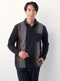 【3buy40%OFF！対象商品】異素材ストライプ切替長袖ジップポロシャツ