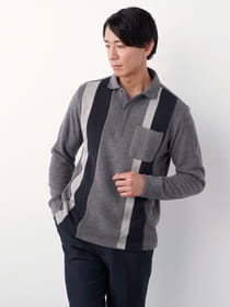 【3buy40%OFF！対象商品】異素材ストライプ切替長袖ジップポロシャツ