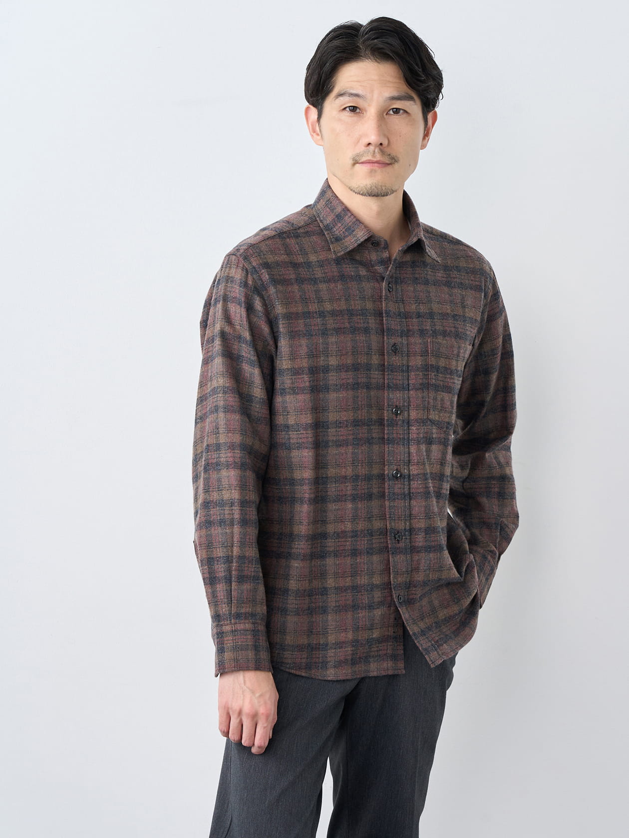 ぬくもりダークチェック長袖シャツ