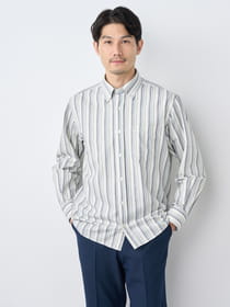椿ウールマルチストライプ長袖シャツ