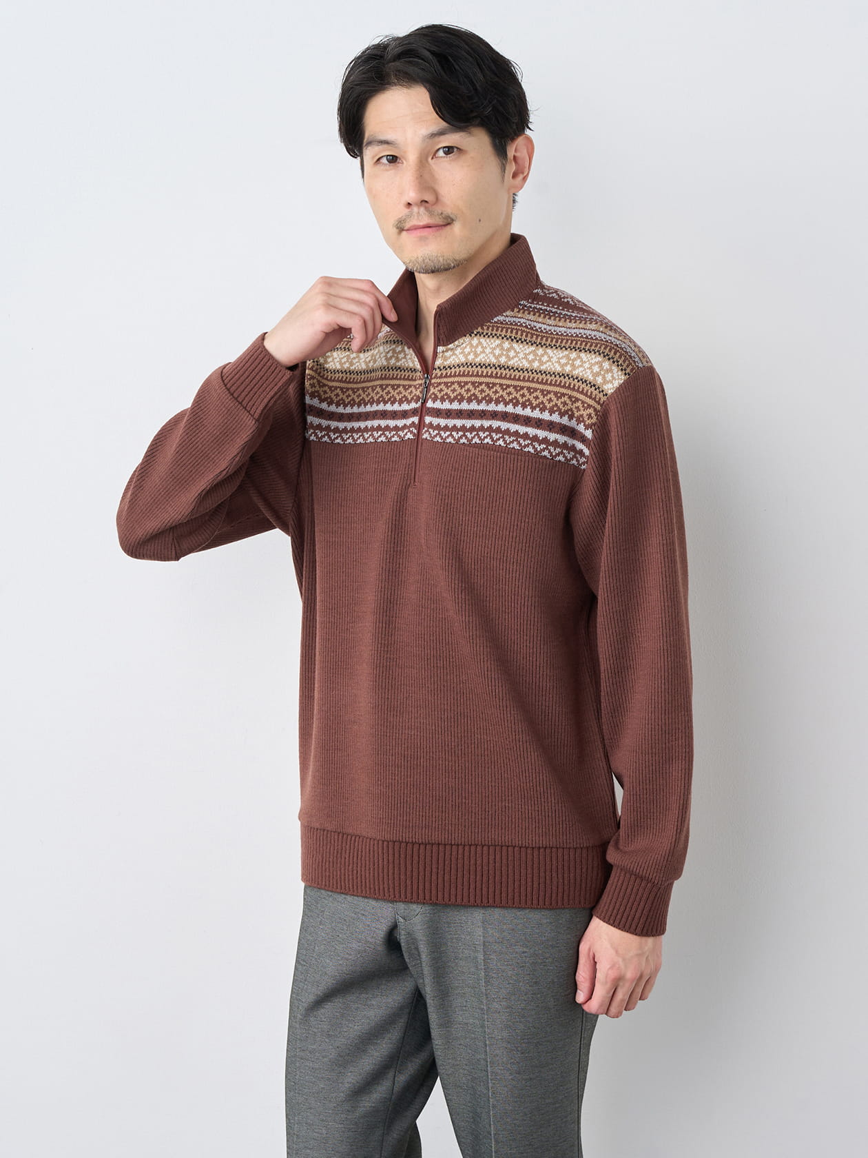 【ブラックフライデー/特別価格】異素材フェアアイルハーフジップニット