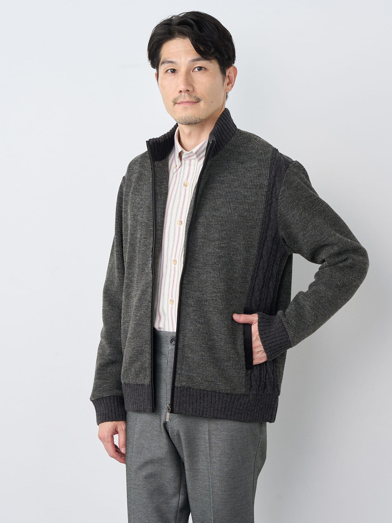 【ブラックフライデー/特別価格】異素材ケーブルフルジップニット