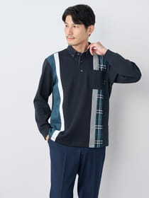 チェック切替長袖ポロシャツ