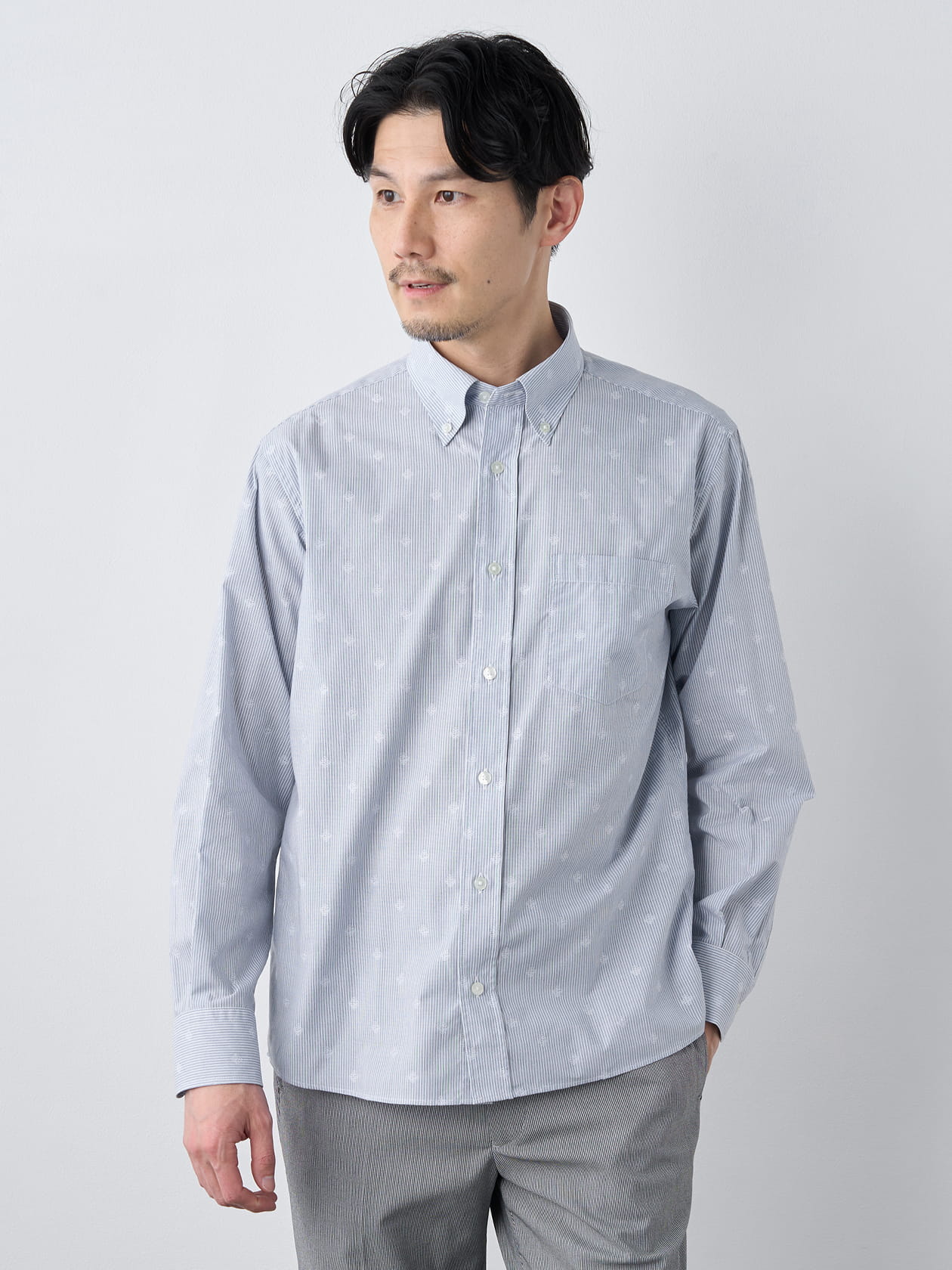 【早割30%OFF対象】播州生地ジャカードストライプ長袖シャツ