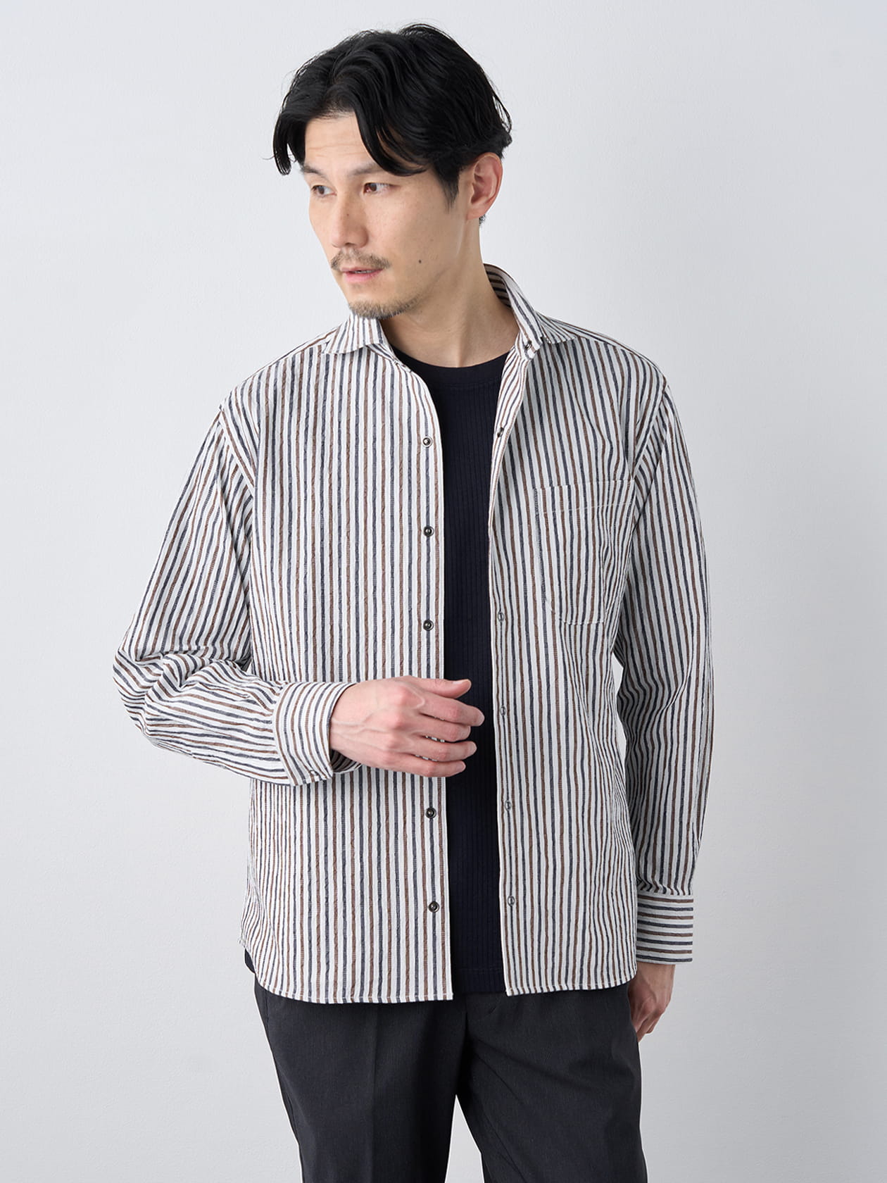 【早割30%OFF対象】播州生地ウェーブストライプ長袖シャツアウター